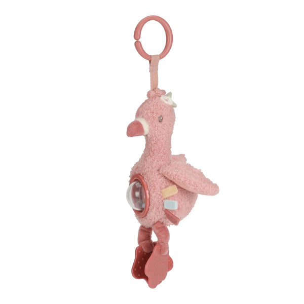 Pendente de atividades Flamingo Safari Friends em poliéster macio com chocalho, asas crepitantes, pernas elásticas e mordedores para bebé.