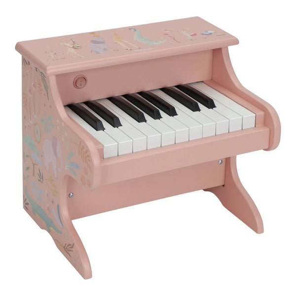 Piano de madeira Safari Friends com 11 teclas e melodias integradas, ideal para estimular a criatividade, o ritmo e a iniciação musical das crianças rosa.