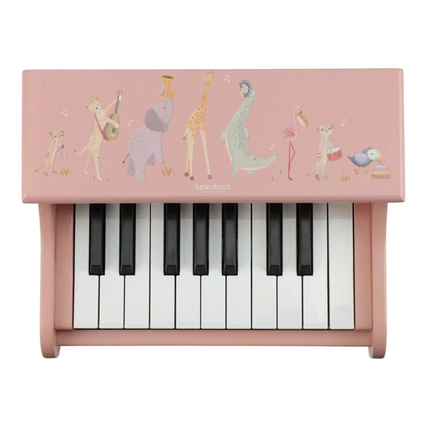 Piano de madeira Safari Friends com 11 teclas e melodias integradas, ideal para estimular a criatividade, o ritmo e a iniciação musical das crianças rosa.