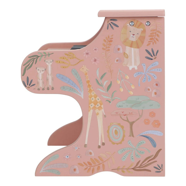 Piano de madeira Safari Friends com 11 teclas e melodias integradas, ideal para estimular a criatividade, o ritmo e a iniciação musical das crianças rosa.