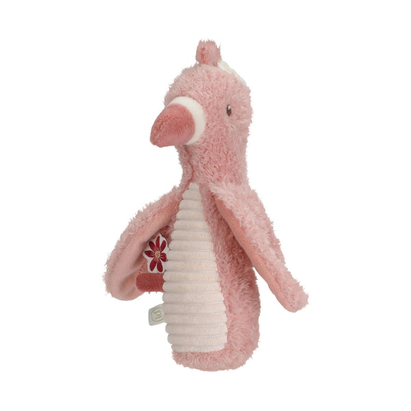 Roca Flamingo Safari Friends em poliéster macio com chocalho, fácil de agarrar e indicada para estimular os sentidos do bebé desde o nascimento.