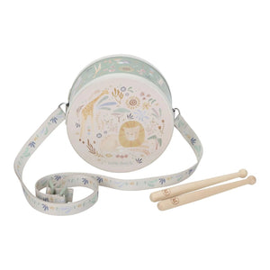 Tambor infantil Safari Friends com duas baquetas e alça para o pescoço, ideal para estimular o ritmo, a criatividade e a iniciação musical das crianças.