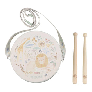 Tambor infantil Safari Friends com duas baquetas e alça para o pescoço, ideal para estimular o ritmo, a criatividade e a iniciação musical das crianças.