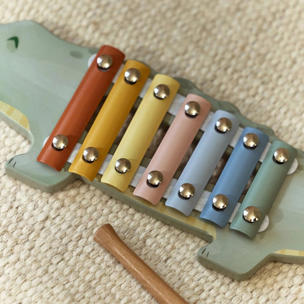 Xilofone Crocodilo em madeira com notas metálicas coloridas e baqueta, ideal para estimular a criatividade, o ritmo e a iniciação musical das crianças.