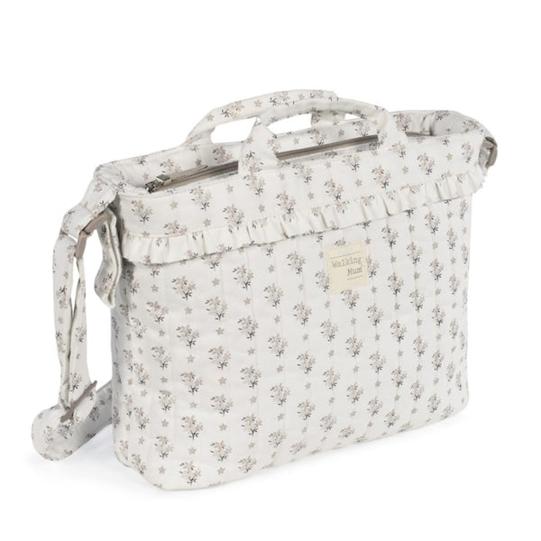 Mala de Maternidade Botton Walking Mum com padrão floral, tecido de algodão impermeável, bolso térmico, fixação ao carrinho e muda-fraldas incluído.