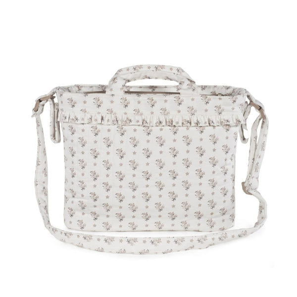 Mala de Maternidade Botton Walking Mum com padrão floral, tecido de algodão impermeável, bolso térmico, fixação ao carrinho e muda-fraldas incluído.