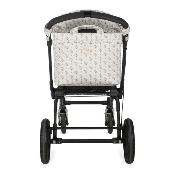 Mala de Maternidade Botton Walking Mum com padrão floral, tecido de algodão impermeável, bolso térmico, fixação ao carrinho e muda-fraldas incluído.