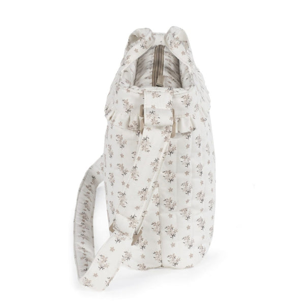 Mala de Maternidade Botton Walking Mum com padrão floral, tecido de algodão impermeável, bolso térmico, fixação ao carrinho e muda-fraldas incluído.