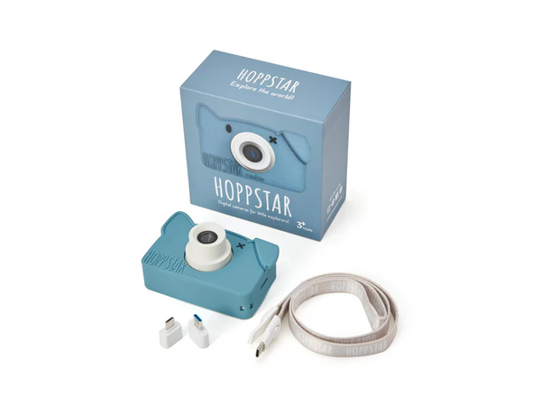 Máquina fotográfica Hoppstar Rookie para crianças com filtros, molduras, cartão de memória de 16 GB, bateria recarregável e proteção em silicone.