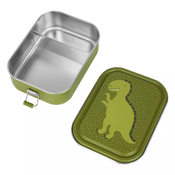 Marmita Metálica Grande infantil em aço inoxidável com fechos de silicone, resistente e fácil de abrir pelas crianças. Mr Dino