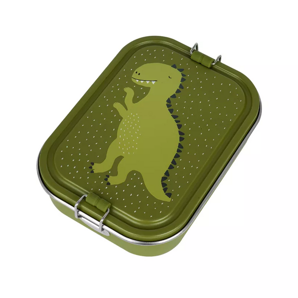 Marmita Metálica Grande infantil em aço inoxidável com fechos de silicone, resistente e fácil de abrir pelas crianças. Mr Dino