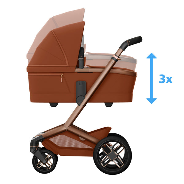 MAXI-COSI Alcofa Fame com tecnologia SoothingSlope, altura ajustável em três níveis, colchão de dupla face, capota extensível, ventilação integrada e acabamentos premium em EcoPele para bebés até aos 9 kg. Copper Terra