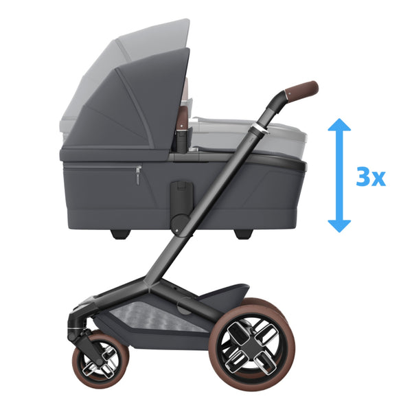 MAXI-COSI Alcofa Fame com tecnologia SoothingSlope, altura ajustável em três níveis, colchão de dupla face, capota extensível, ventilação integrada e acabamentos premium em EcoPele para bebés até aos 9 kg. Moon Graphite