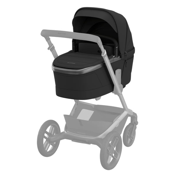 MAXI-COSI Alcofa Fame com tecnologia SoothingSlope, altura ajustável em três níveis, colchão de dupla face, capota extensível, ventilação integrada e acabamentos premium em EcoPele para bebés até aos 9 kg. Onyx Black