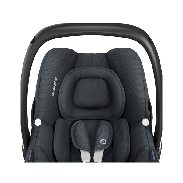 Cadeira auto MAXI-COSI CabrioFix i-Size ultraleve com apenas 3,2 kg, homologada i-Size, compatível com base ISOFIX ou cinto de segurança, capota com proteção UV e utilização desde o nascimento até aos 75 cm. Essential Graphite