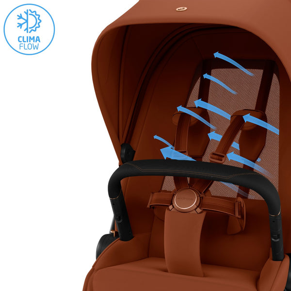Carrinho Maxi-Cosi Fame com assento reclinável, sistema LumiRide LED, suspensão CosiCruise, apoio de braços e compatibilidade com cadeiras auto SlideTech® copper terra