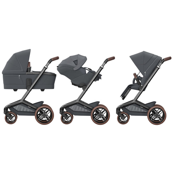 Carrinho Maxi-Cosi Fame com assento reclinável, sistema LumiRide LED, suspensão CosiCruise, apoio de braços e compatibilidade com cadeiras auto SlideTech® moon graphite