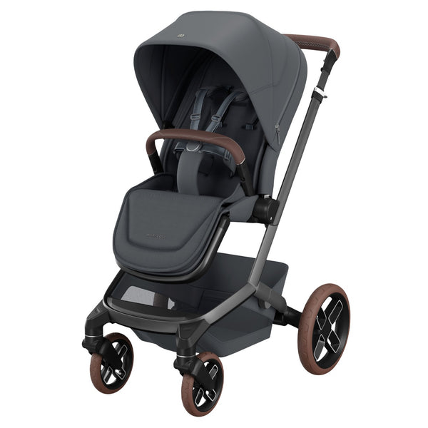Carrinho Maxi-Cosi Fame com assento reclinável, sistema LumiRide LED, suspensão CosiCruise, apoio de braços e compatibilidade com cadeiras auto SlideTech® moon graphite