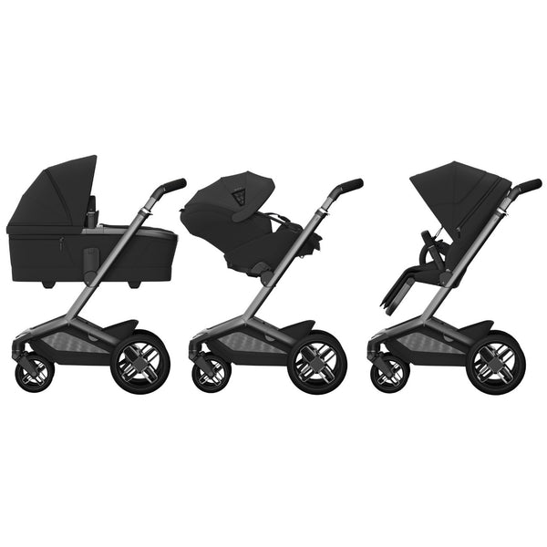 Carrinho Maxi-Cosi Fame com assento reclinável, sistema LumiRide LED, suspensão CosiCruise, apoio de braços e compatibilidade com cadeiras auto SlideTech® onyx black