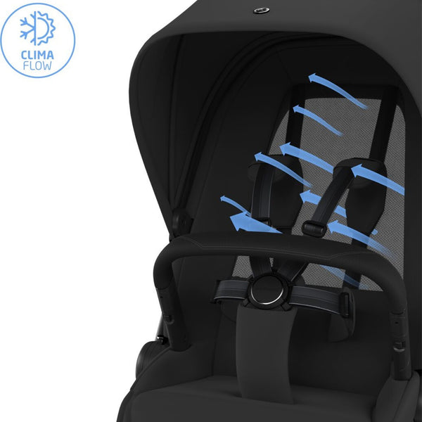 Carrinho Maxi-Cosi Fame com assento reclinável, sistema LumiRide LED, suspensão CosiCruise, apoio de braços e compatibilidade com cadeiras auto SlideTech® onyx black