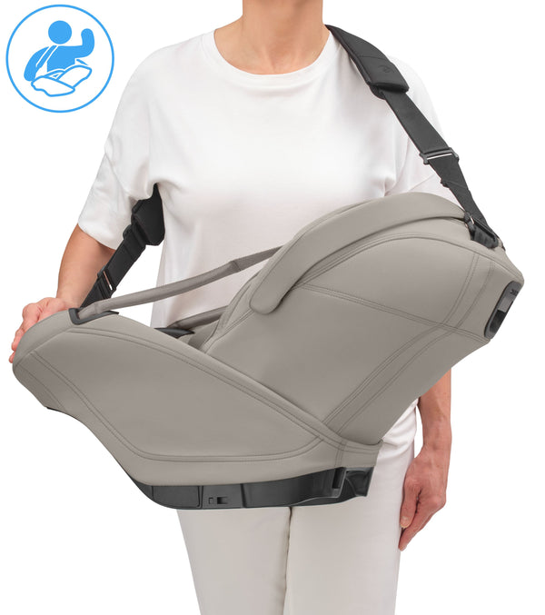 Cadeira auto MAXI-COSI Coral Slide Pro i-Size ultraleve com apenas 2,5 kg, posição totalmente reclinada, três níveis de reclinação, capota extragrande, tecidos ECO Care e compatível com a Base FamilyFix Slide Pro para bebés dos 0 aos 13 kg. Sapphire Sand