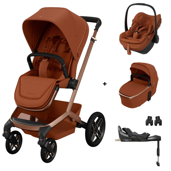 Maxi-Cosi Fame Trio Premium com carrinho Fame, Alcofa Fame, Pebble Slide Pro², Base FamilyFix Slide Pro e adaptadores, sistema de viagem completo com tecnologia SlideTech®, reclinação totalmente deitada, ISOFIX e conforto premium desde o nascimento copper terra