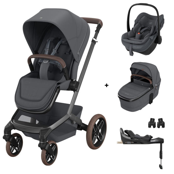 Maxi-Cosi Fame Trio Premium com carrinho Fame, Alcofa Fame, Pebble Slide Pro², Base FamilyFix Slide Pro e adaptadores, sistema de viagem completo com tecnologia SlideTech®, reclinação totalmente deitada, ISOFIX e conforto premium desde o nascimento moon graphite