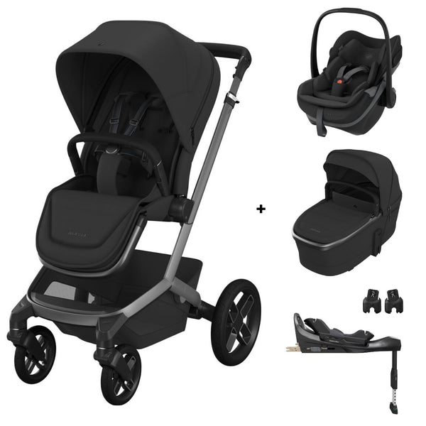 Maxi-Cosi Fame Trio Premium com carrinho Fame, Alcofa Fame, Pebble Slide Pro², Base FamilyFix Slide Pro e adaptadores, sistema de viagem completo com tecnologia SlideTech®, reclinação totalmente deitada, ISOFIX e conforto premium desde o nascimento onyx black