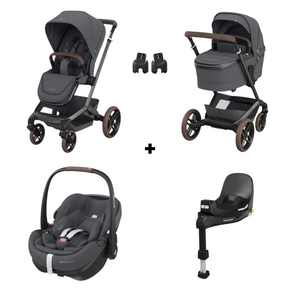 MAXI-COSI FAME TRIO + BASE com carrinho Fame, alcofa ajustável em altura, cadeira auto Pebble 360 Pro², base ISOFIX FamilyFix 360 Pro com certificação AGR e sistema de viagem completo desde o nascimento. Twillic Graphite