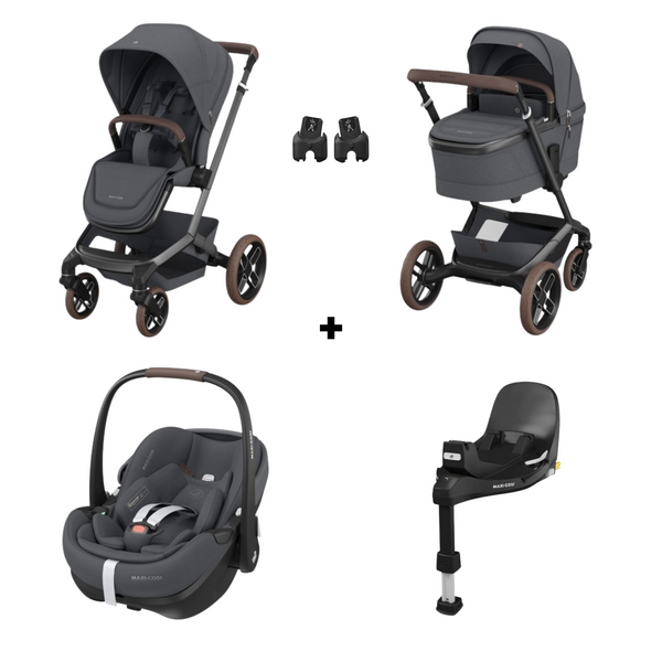 MAXI-COSI FAME TRIO + BASE com carrinho Fame, alcofa ajustável em altura, cadeira auto Pebble 360 Pro², base ISOFIX FamilyFix 360 Pro com certificação AGR e sistema de viagem completo desde o nascimento. Twillic Graphite
