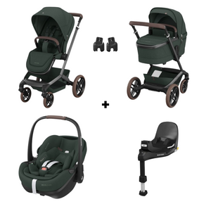 MAXI-COSI FAME TRIO + BASE com carrinho Fame, alcofa ajustável em altura, cadeira auto Pebble 360 Pro², base ISOFIX FamilyFix 360 Pro com certificação AGR e sistema de viagem completo desde o nascimento. Twillic Green