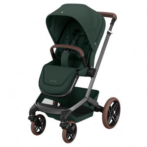 MAXI-COSI FAME TRIO + BASE com carrinho Fame, alcofa ajustável em altura, cadeira auto Pebble 360 Pro², base ISOFIX FamilyFix 360 Pro com certificação AGR e sistema de viagem completo desde o nascimento. Twillic Green