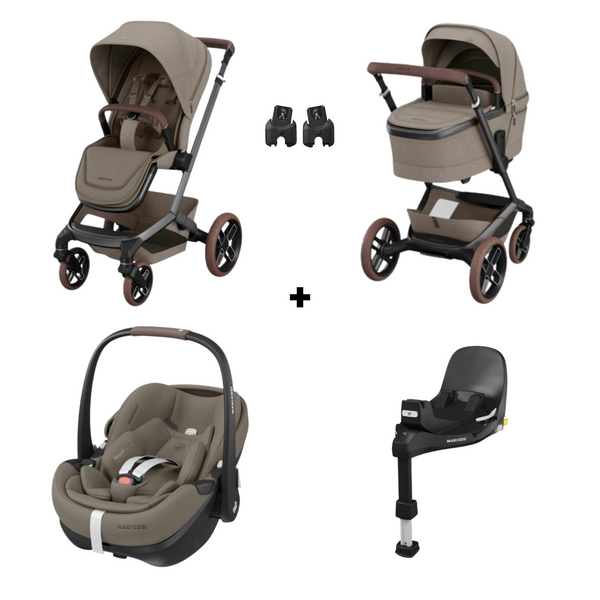 MAXI-COSI FAME TRIO + BASE com carrinho Fame, alcofa ajustável em altura, cadeira auto Pebble 360 Pro², base ISOFIX FamilyFix 360 Pro com certificação AGR e sistema de viagem completo desde o nascimento. Twillic Truffle