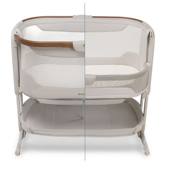 Berço co-sleeper Maxi-Cosi Iora Pro com colchão CloudCore, função de embalar, malha respirável 360°, ajuste de altura e conversão para berço autónomo cor beige