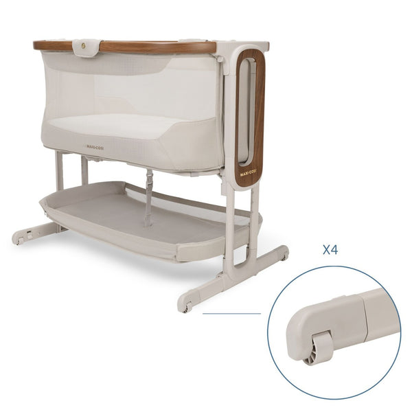 Berço co-sleeper Maxi-Cosi Iora Pro com colchão CloudCore, função de embalar, malha respirável 360°, ajuste de altura e conversão para berço autónomo cor beige