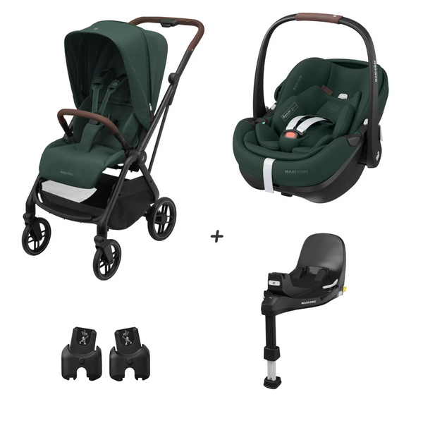 MAXI-COSI LEONA 2 DUO + BASE com carrinho compacto Leona 2, cadeira auto Pebble 360 Pro², base ISOFIX FamilyFix 360 Pro e adaptadores. Sistema de viagem leve, seguro e confortável desde o nascimento até aos 22 kg. Green