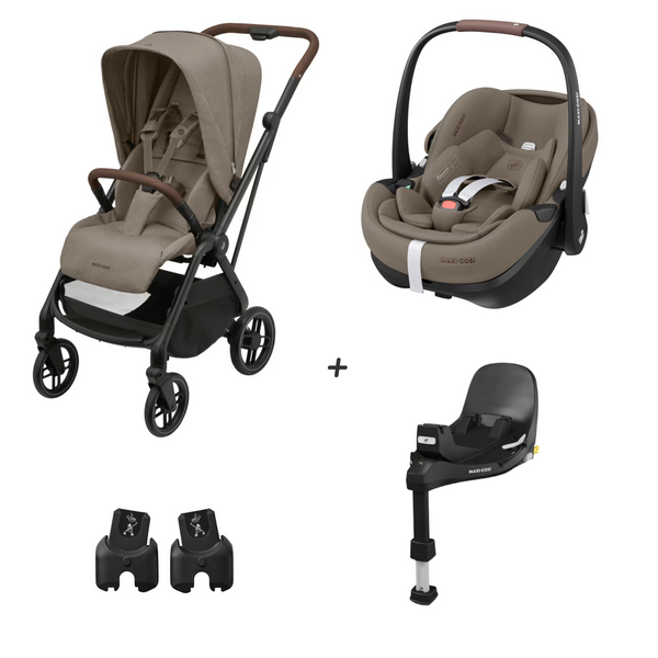 MAXI-COSI LEONA 2 DUO + BASE com carrinho compacto Leona 2, cadeira auto Pebble 360 Pro², base ISOFIX FamilyFix 360 Pro e adaptadores. Sistema de viagem leve, seguro e confortável desde o nascimento até aos 22 kg. Truffle