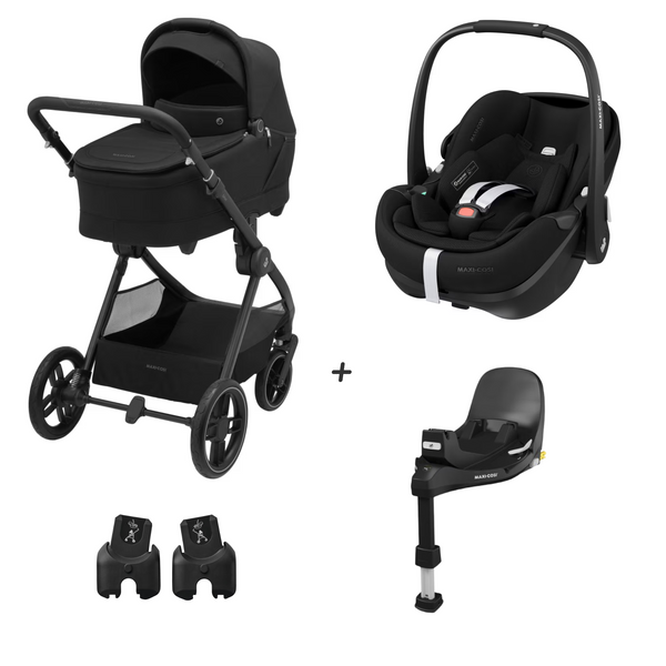 MAXI-COSI OXFORD PLUS com carrinho de bebé, alcofa Sense, cadeira auto Pebble 360 Pro², base FamilyFix 360 Pro e adaptadores. Sistema de viagem completo desde o nascimento até aos 22 kg. Twillic Black