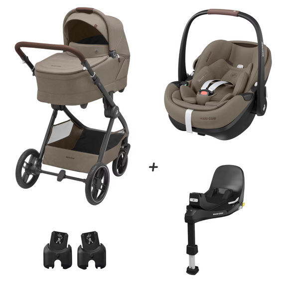 MAXI-COSI OXFORD PLUS com carrinho de bebé, alcofa Sense, cadeira auto Pebble 360 Pro², base FamilyFix 360 Pro e adaptadores. Sistema de viagem completo desde o nascimento até aos 22 kg. Twillic Truffle