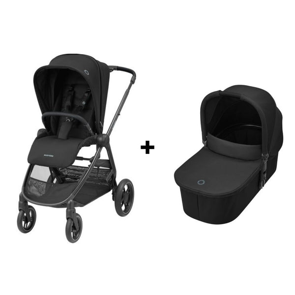 MAXI-COSI STREET+, carrinho de bebé compacto com alcofa incluída, fecho automático com uma mão, posição totalmente deitada e compatível com cadeiras auto Maxi-Cosi até aos 22 kg. Essential Black