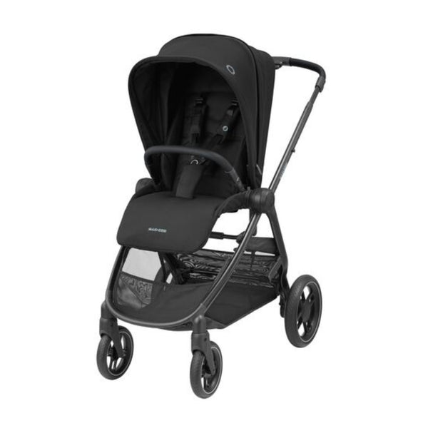 MAXI-COSI STREET+, carrinho de bebé compacto com alcofa incluída, fecho automático com uma mão, posição totalmente deitada e compatível com cadeiras auto Maxi-Cosi até aos 22 kg. Essential Black