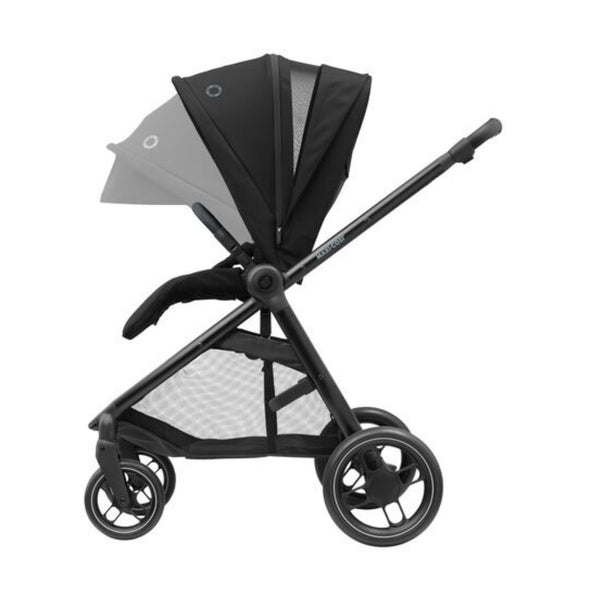 MAXI-COSI STREET+, carrinho de bebé compacto com alcofa incluída, fecho automático com uma mão, posição totalmente deitada e compatível com cadeiras auto Maxi-Cosi até aos 22 kg. Essential Black