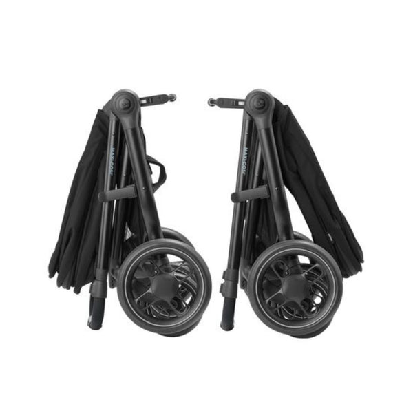 MAXI-COSI STREET+, carrinho de bebé compacto com alcofa incluída, fecho automático com uma mão, posição totalmente deitada e compatível com cadeiras auto Maxi-Cosi até aos 22 kg. Essential Black