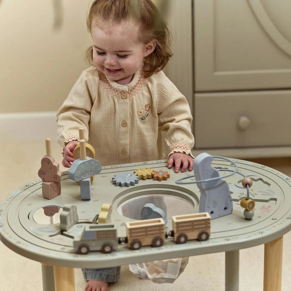 Mesa de Atividades XL Little Dutch em madeira com altura ajustável, animais safari, comboio e diferentes atividades para crianças a partir dos 12 meses.