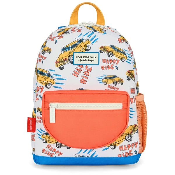 Mochila Grande Redonda Hello Hossy em poliéster reciclado, impermeável, com capacidade de 15 litros, compatível com dossiers A4, alças acolchoadas e bolso para garrafa de água para crianças a partir dos 6 anos happy ride