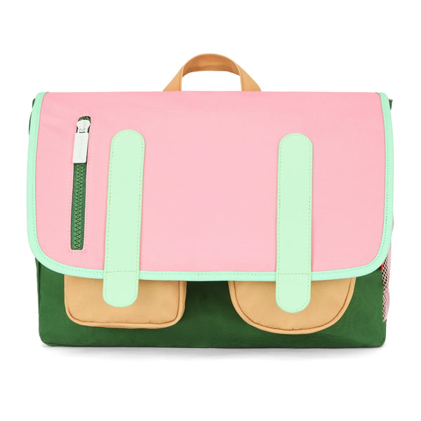 Mochila Horizontal Grande Hello Hossy em poliéster reciclado, impermeável, com formato dossier A4, costas acolchoadas e respiráveis, fecho magnético reforçado e bolsos organizadores para crianças a partir dos 6 anos. Mini Bubblegum
