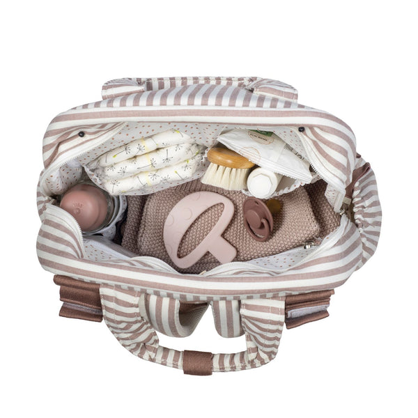 Mochila de maternidade da walking mum modelo praline strips na cor moka - vermelho