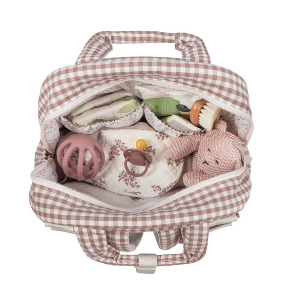 Mochila de maternidade da Walking Mum modelo praline Vichy na cor moka - vermelho