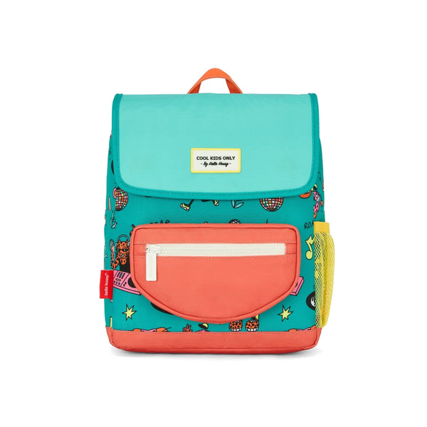 Mochila Pequena Quadrada Hello Hossy em poliéster reciclado, impermeável, com compartimento para cadernos A4, bolso para garrafa de água, alças acolchoadas e capacidade de 7,3 L para crianças dos 2 aos 5 anos. Disco Roar