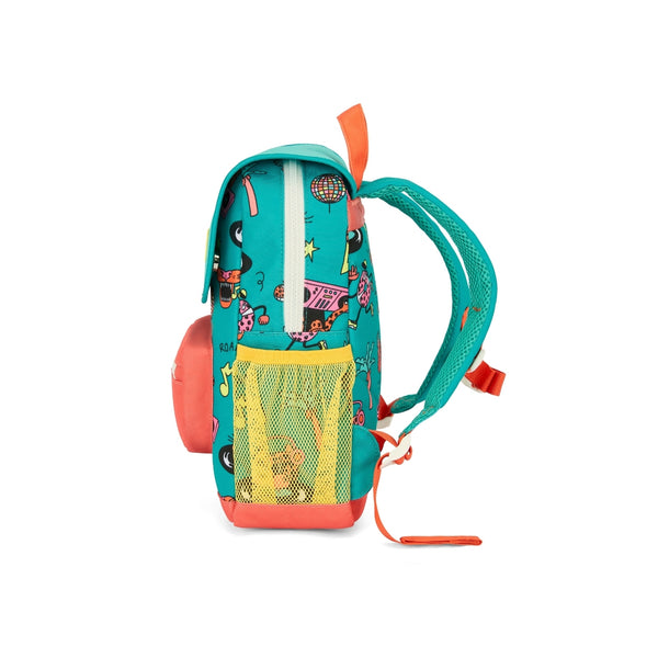 Mochila Pequena Quadrada Hello Hossy em poliéster reciclado, impermeável, com compartimento para cadernos A4, bolso para garrafa de água, alças acolchoadas e capacidade de 7,3 L para crianças dos 2 aos 5 anos. Disco Roar